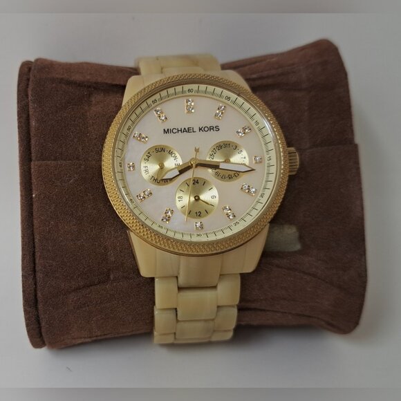 Michael Kors Chronograph MK5039 Wrist Watch Women Cream Gold Stainless 7 Inch - Picture 1 of 13